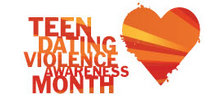 "Teen Dating Violence Awareness" written in red and orange striped text with a red, yellow, and orange striped heart to the right of the text, all on a white background