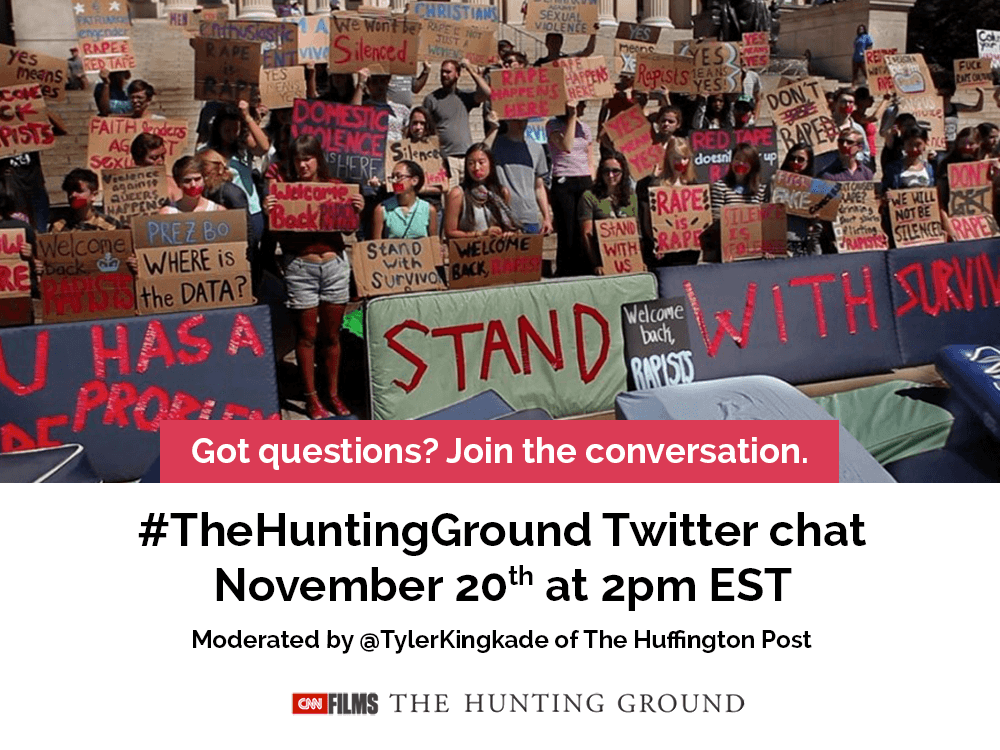 #TheHuntingGround Twitter chat November 20 at 2PM EST moderated by TYler Kincade of the Huffington Post - picture of student activiites rallyin to end sexual violence. Join the Conversation