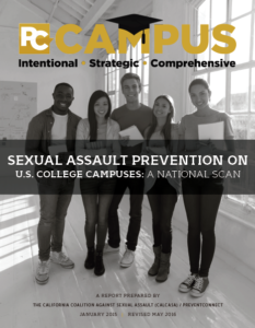 Black and white cover of Sexual Assault Prevention on U.S. College Campuses: A National Scan report, with college students standing in front