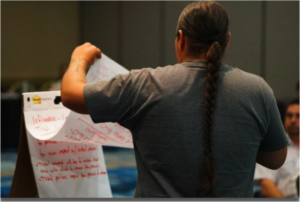 Back of a Native man holding a flip chart paper from the Native Men's gathering