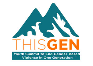 White background with outline of teal mountains. The words THIS GEN are in orange. Underneathe there are white words against a teal background that read "Youth Summit to End Gender-Based Violence in One Generation"