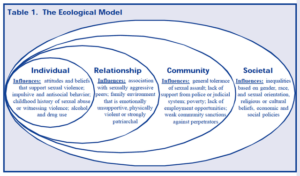 Drawing of the social ecological model with overlapping ovals showing the individual, relationship, community and societal levels. 