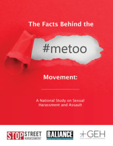 Red background with white print - with a rip peeling away some of the red to reval #metoo.  Text reads The facte behind the #metoo Movement: A national study on sexual harassment and assault.  At bottom are logos from Stop Street Harassment, Raliance and Cener on Gender Equity and Health