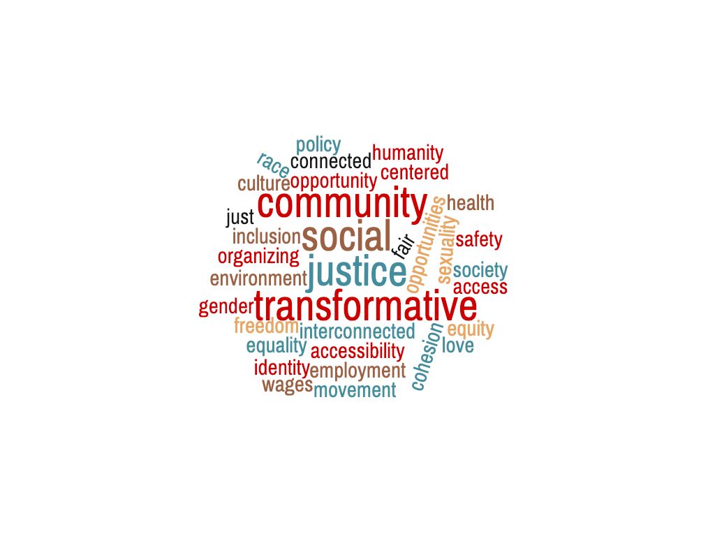 word cloud with the words: social, justice, community, equity, safe, policy, race, gender, sexuality, equity, fair, community, inclusion, cohesion, transformative