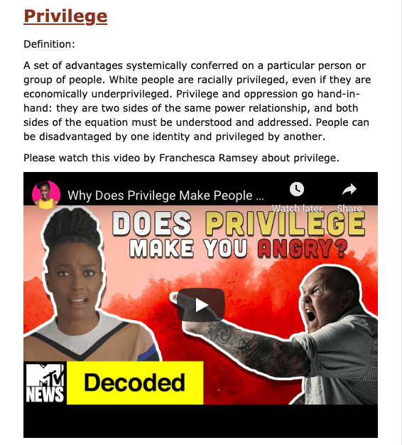 Screen shot from the WCSAP eLearning Course. Text reads "Privilege. Definition: A set of advantages systemically conferred on a particular person or group of people. White people are racially privileged, even if they are economically underprivileged. Privilege and oppression go hand-in-hand: they are two sides of the same power relationship, and both sides of the equation must be understood and addressed. People can be disadvantaged by one identity and privileged by another. Please watch this video by Franchesca Ramsey about privilege." Image of a YouTube video featured Franchesa Rmasey from MTV's Decoded with a pink and red background and an imag eof an angry, white, bald man yelling and pointing in her direction.