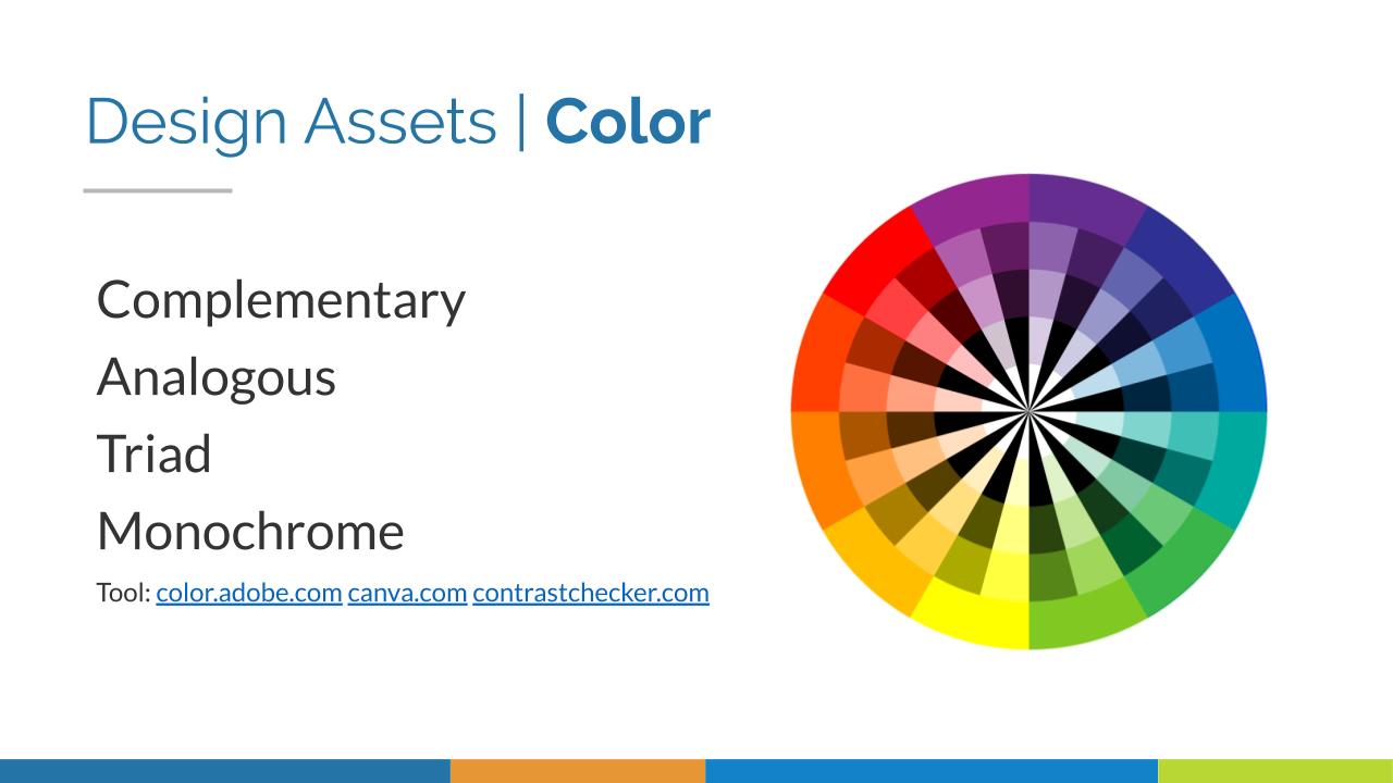 A color wheel on a PowerPoint slide with the heading "Design Assets | Color." Text says: complementary, analogous, triad, monochrome, tool: color.adobe.com canva.com contrastchecker.com