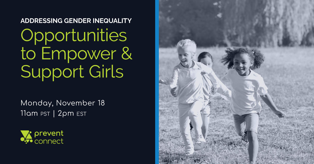 Title, date, and time of the web conference listed next to a black and white image of three girls running through a field
