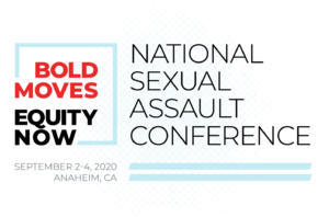 A graphic containing the words "Bold Moves" in red block font and "Equity Now" in black block font underneathe. To the right are the words "National Sexual Assault Conference" in black font. 