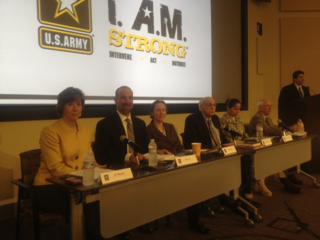 Panel at Army's SHARP Summit. Left to right: Anne Munch, JD; David Lee, MPH; Margret Bell, Ph.D., Deot. of Veteran's Affairs; Robert Shanley, Major General, US Army (Retired); Staff Sergeant Mary Valdez; Don Snider, Ph.D. Emeritis Professor, West Point