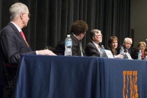 From left, the presidents of Dartmouth, Amherst, Montana, North Carolina, UCLA and Virginia speak at the University of Virginia's dialogue on sexual misconduct.