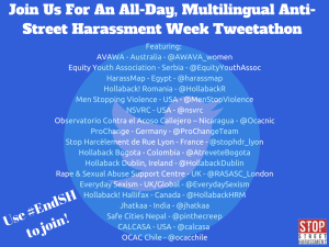 Blue, square flyer with twitter logo watermark (white outline of a bird with a lighter blue circle around it) and list of the organizations and countries participating.