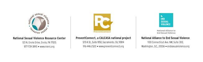 Logos of national partnership: National Sexual Violence Resource Center, PreventConnect, a CALCASA national project, and National Alliance to End Sexual Violence