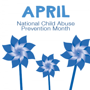 APril is Child Abuse Prevntion Month with three blue pinwheels