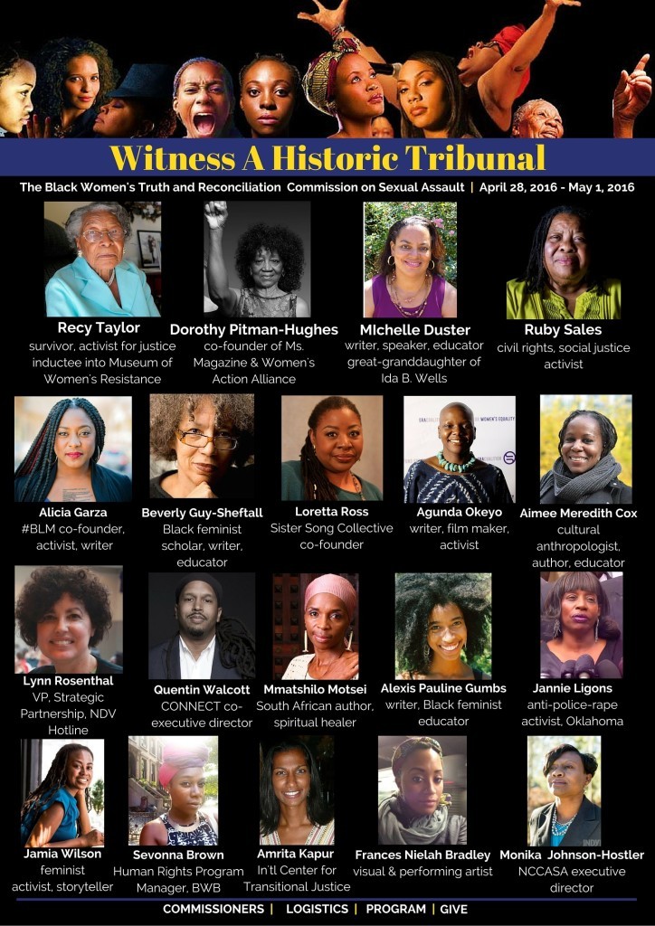 Witness a historic tribunal. Black Women's Truth and Reconciliation Commission April 28, 2106 - May 1, 2016 - picutres of commissioners