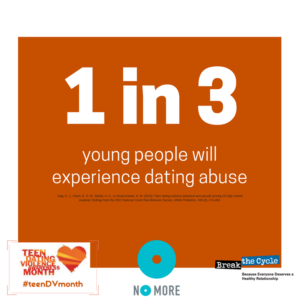 An orange box with the words "1 in 3 young people will experience dating abuse." Image contains logos for #teenDVmonth, NoMore and Break the Cycle