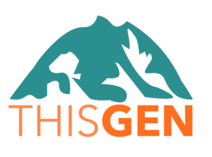 White box with a blue mountain shaped design and the words "This Gen" in orange