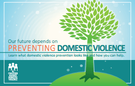 Cover of a new primary prevention resource with a blue background and an illustration of a green tree with green leaves. Text reads, "Our future depends on preventing domestic violence, learn what domestic violence prevention looks like and how you can help."