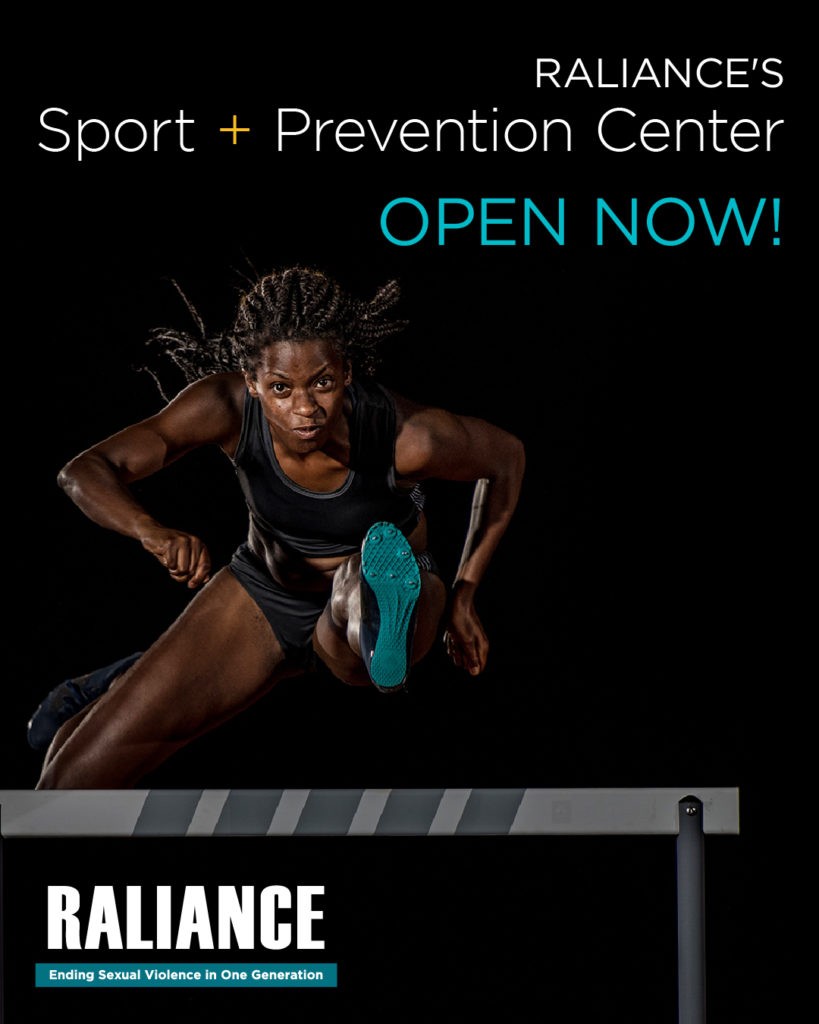 Raliance's SPort + Prevention Center is now open.  Black background with African-AMerican women hurdler