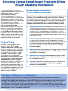 Covdr of fact sheet titled Enhancing Campus Sexual Assault Prevention Efforts Through Situational Interventions with a lot of samll text iwth white background