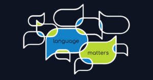 Multiple speech bubbles with "language matters" in text.