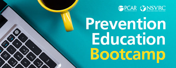 PCAR NSVRC Prevention Education Bootcamp. Image of left part of laptop key board and a yellow mug filled with dark liquid on a teal background