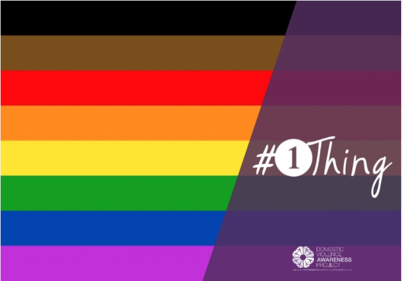 Image of the Pride flag, including black and brown stripes, with #1thing written in the corner. https://nrcdv.org/dvam/1thing