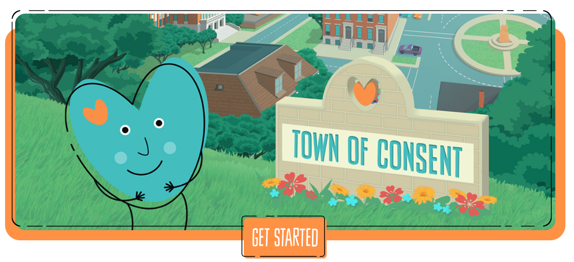 A cartoon teal heart-shaped character stands in front of a sign that says "Town of Consent." Learn more about SafeSecureKids.org at https://www.safesecurekids.org/