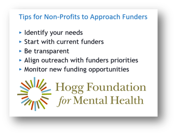 Tips for Non-Profits to Approach Funders from Hogg Foundation for Mental Health: Identify your needs. Start with current funders. Be transparent. Align outreach with funders priorities. Monitor new funding opportunities
