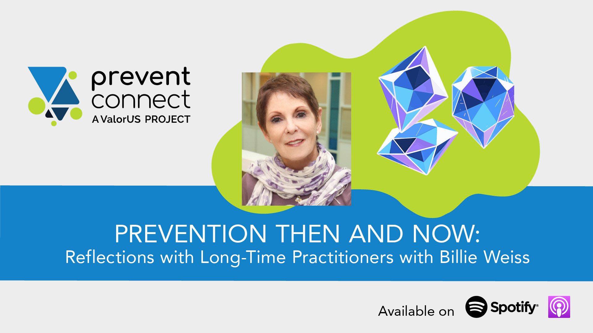 A green splat frames a photo of Billie Weiss in the middle of the graphic. Next to the photos is a diamond graphic. Underneath the photos is a blue rectangle with white text that reads, "Prevention Then and Now: Reflections with Long-Time Practitioners with Billie Weiss." Prevent Connect logo. Black text at the bottom of the graphic reads, "Available on" next to the Spotify and Apple podcast logos.