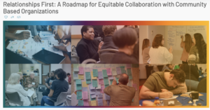 Collage of images from a a meeting showing participants in small and large group activities, including reviewing data together, speaking during a facilitated discussion, writing on a whiteboard, sharing in circle dialogue, posting ideas on a “Big Ideas & Big Questions” sticky-note wall, and completing a reflective exercise. A blue-to-orange gradient banner across the top reinforces a theme of collaboration and learning.