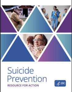 A graphic featuring a mosaic of triangular panels in shades of blue and purple. The panels include photos of people: an older man outdoors near a barn, two young adults talking on a campus while holding books, and two people embracing in a close hug. Below the images, large text reads “Suicide Prevention” with smaller text underneath that says “Resource for Action.” The CDC logo appears in the bottom right corner.
